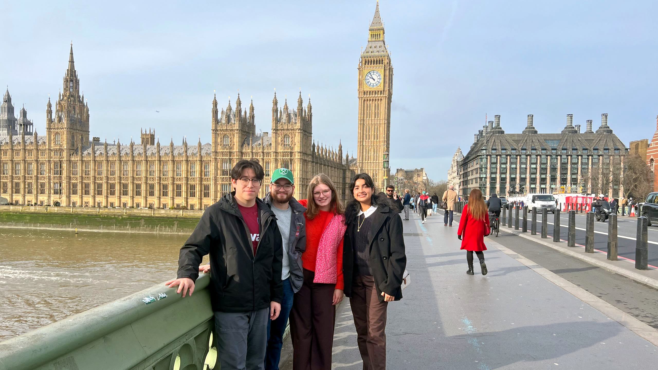 l-r) Mendoza Debate Society members Diego Moreno, Jerry McCauley, Rebecca Currie and Priscilla Guerra in front of Big Ben landmark in London.